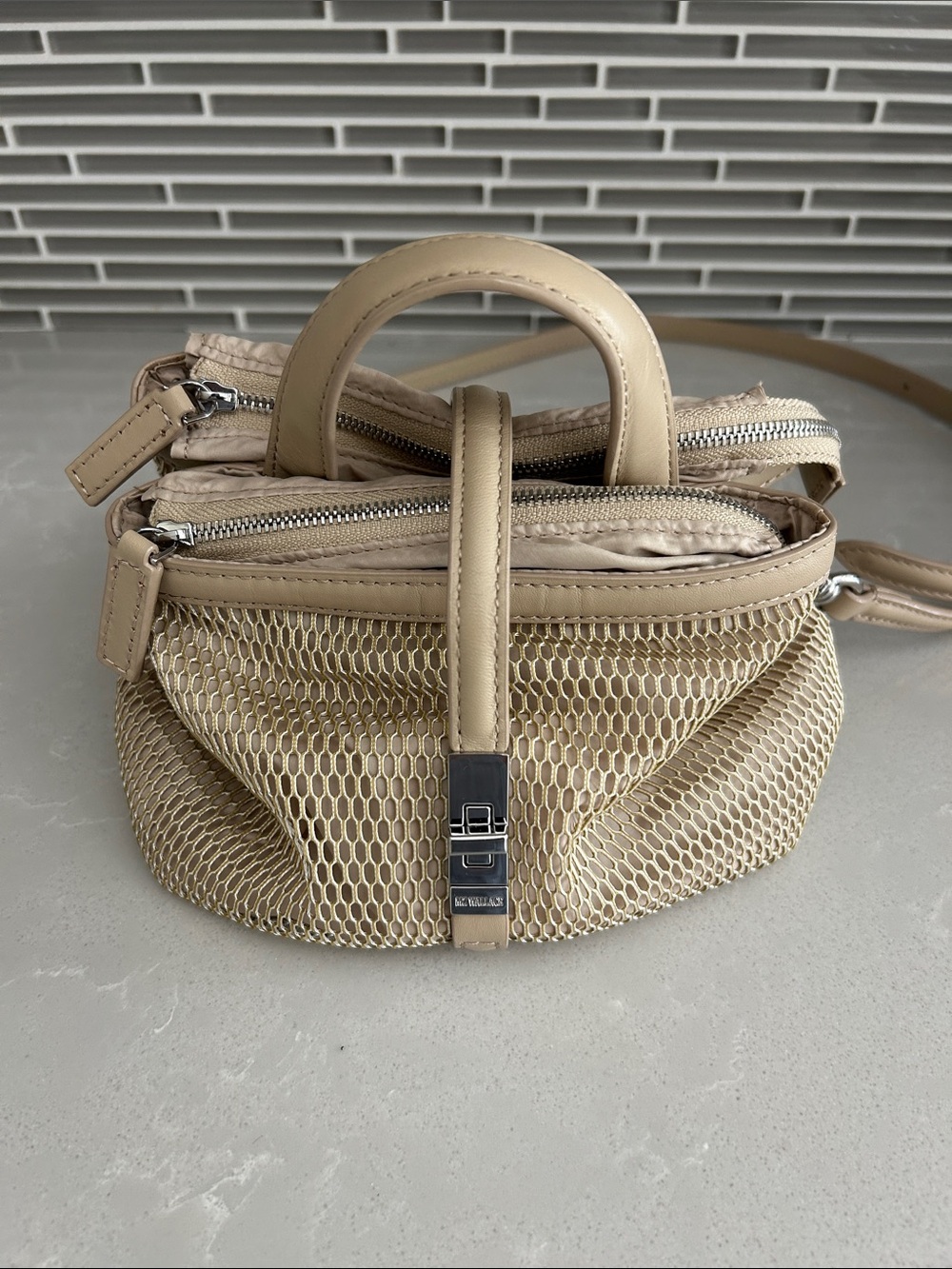 MZ Wallace Beige Woven Mini Top-Handle Bag